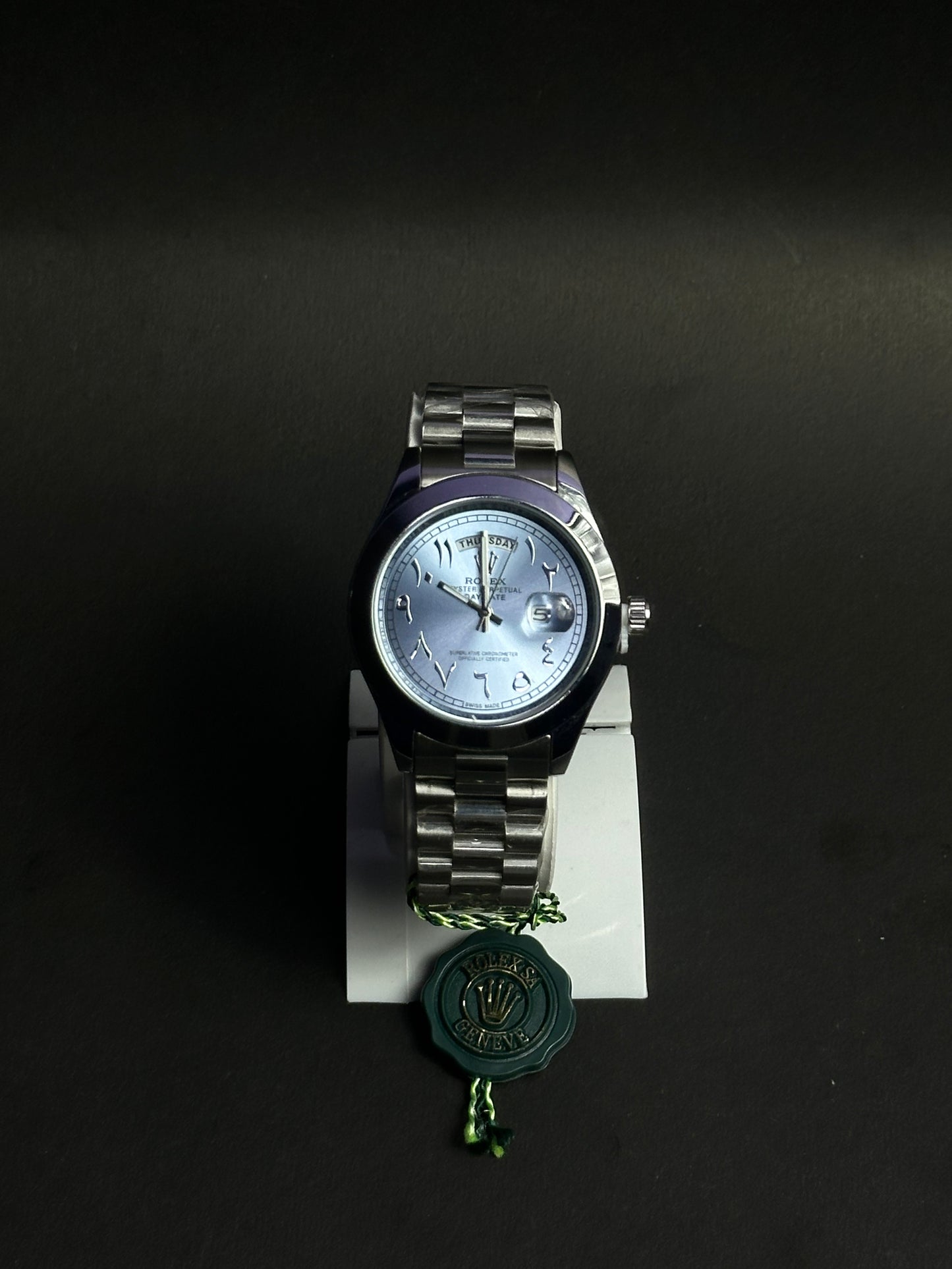 Rolex Day-Date Arabic Dial – Silver Chain, Cyan Color