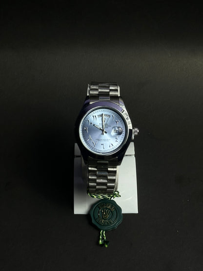 Rolex Day-Date Arabic Dial – Silver Chain, Cyan Color