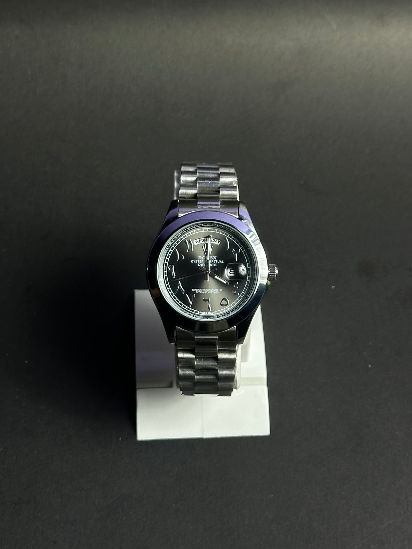 Rolex Day-Date Arabic Dial – Silver Chain, Black Color