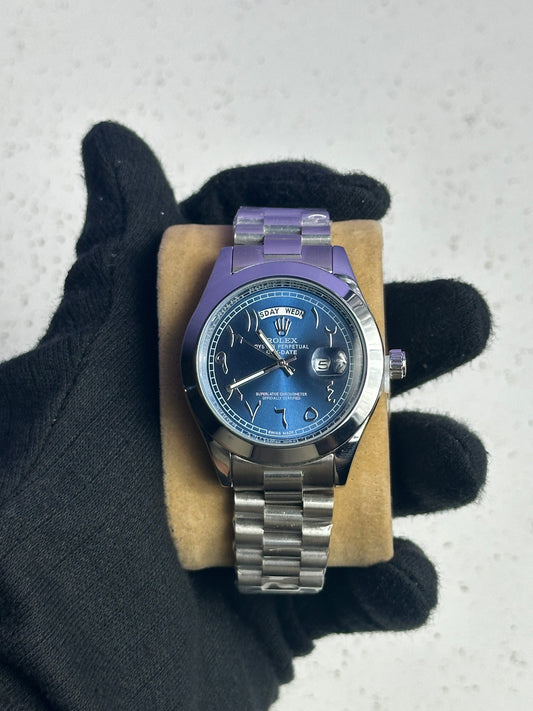 Rolex Day-Date Arabic Dial – Silver Chain, Dark Blue Color