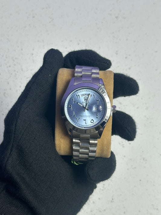 Rolex Day-Date Arabic Dial – Silver Chain, Cyan Color