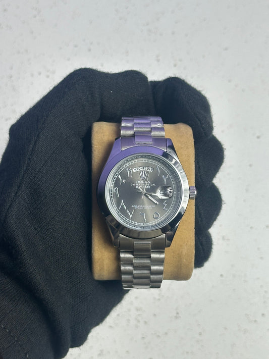 Rolex Day-Date Arabic Dial – Silver Chain, Black Color
